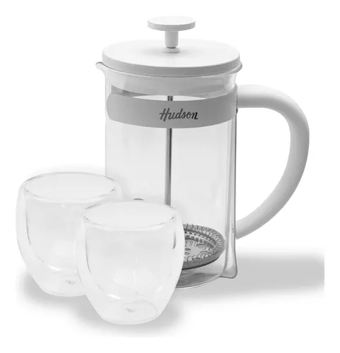 Set  Cafetera Embolo 600 Ml + 2 Vasos Vidrio Color Blanco  Hudson 