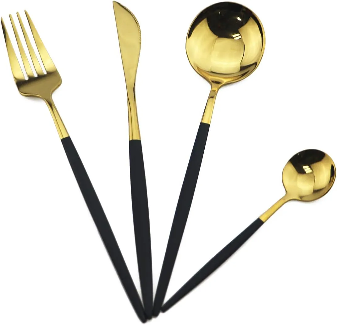 Set X 4 Cubiertos Dorados Mango Negro 